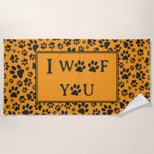 Dog Paws Black & White Polka Dot on dahlia orange  Beach Towel
