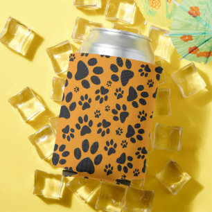 Dog Paws Black & White Polka Dot on dahlia orange Can Cooler