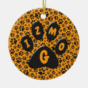 Dog Paws Black & White Polka Dot on dahlia orange Ceramic Tree Decoration