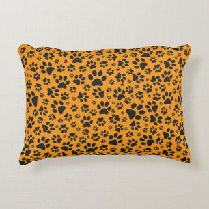 Dog Paws Black & White Polka Dot on dahlia orange Decorative Cushion