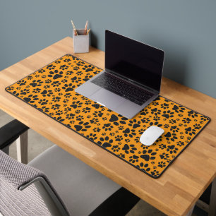 Dog Paws Black & White Polka Dot on dahlia orange Desk Mat