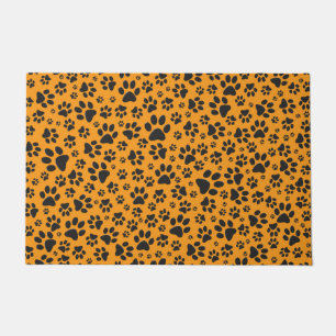 Dog Paws Black & White Polka Dot on dahlia orange Doormat