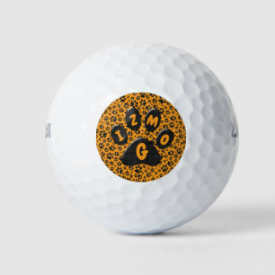 Dog Paws Black & White Polka Dot on dahlia orange Golf Balls