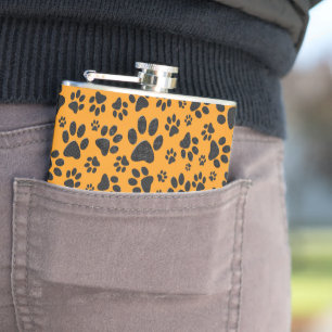 Dog Paws Black & White Polka Dot on dahlia orange Hip Flask
