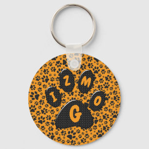 Dog Paws Black & White Polka Dot on dahlia orange Key Ring