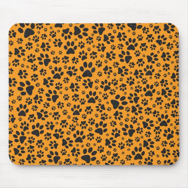 Dog Paws Black & White Polka Dot on dahlia orange Mouse Mat (Front)