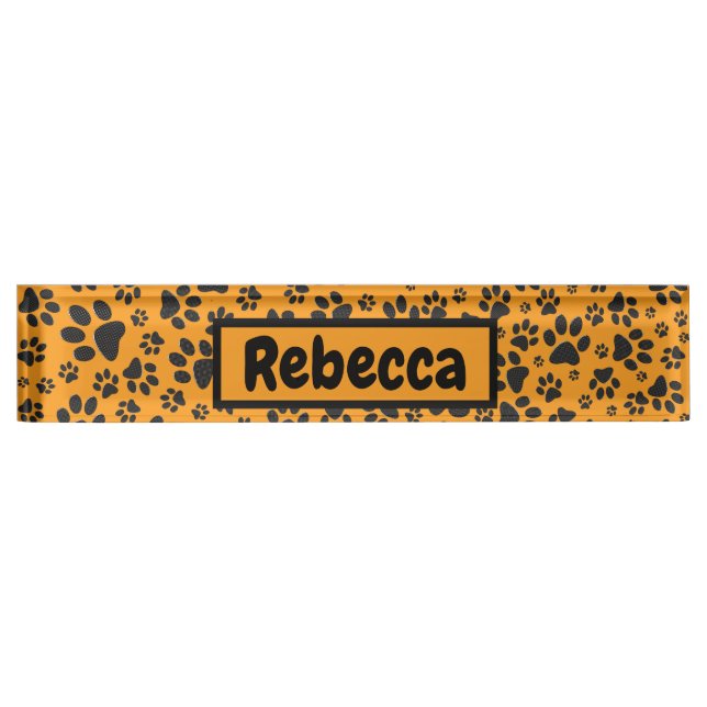 Dog Paws Black & White Polka Dot on dahlia orange  Nameplate (Front)