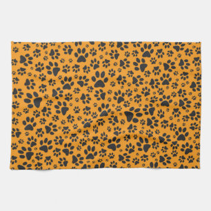 Dog Paws Black & White Polka Dot on dahlia orange Tea Towel