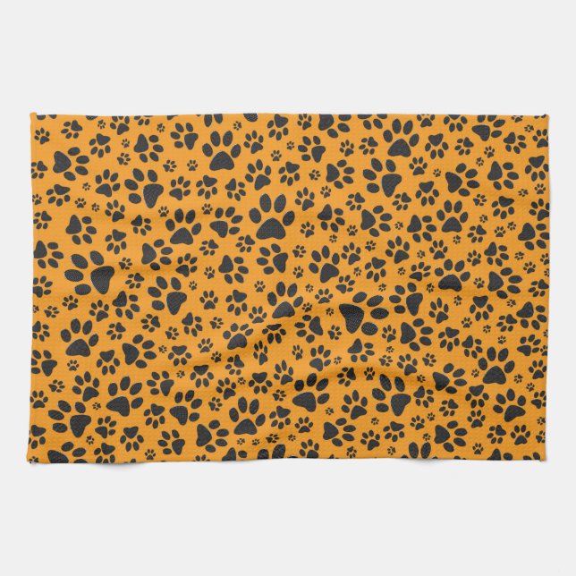 Dog Paws Black & White Polka Dot on dahlia orange Tea Towel (Horizontal)
