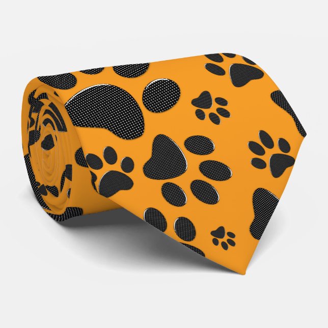 Dog Paws Black & White Polka Dot on dahlia orange Tie (Rolled)