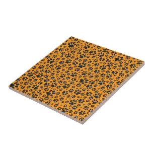 Dog Paws Black & White Polka Dot on dahlia orange Tile