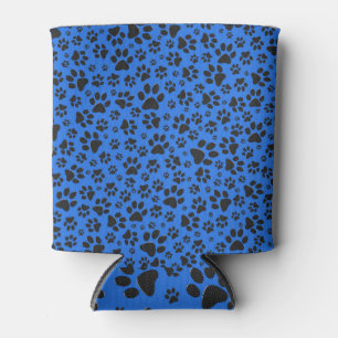 Dog Paws Black & White Polka Dot on tech blue Can Cooler
