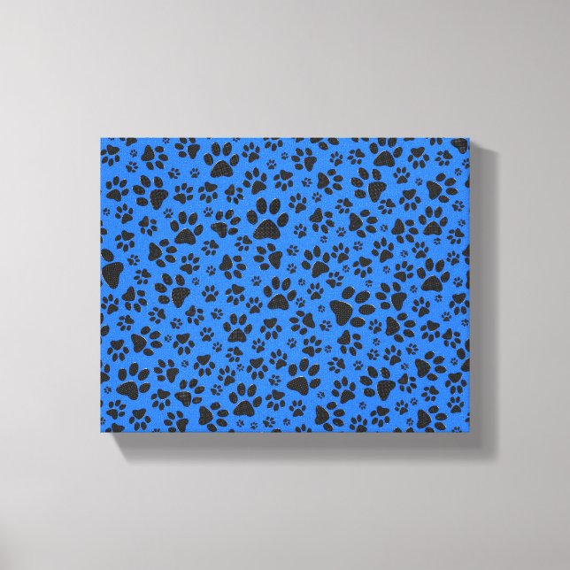 Dog Paws Black & White Polka Dot on tech blue Canvas Print (Front)