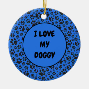 Dog Paws Black & White Polka Dot on tech blue Ceramic Tree Decoration