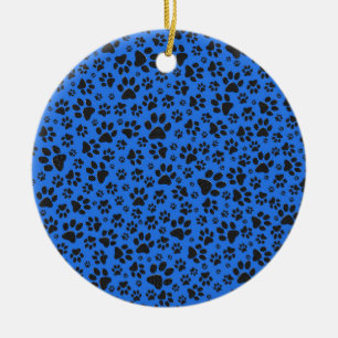 Dog Paws Black & White Polka Dot on tech blue Ceramic Tree Decoration