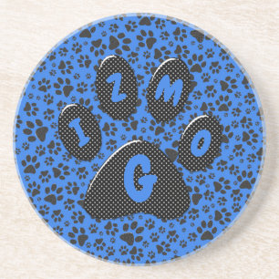 Dog Paws Black & White Polka Dot on tech blue Coaster