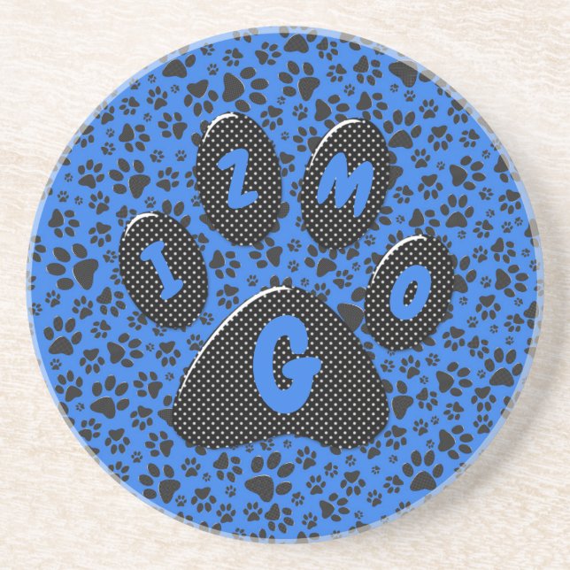 Dog Paws Black & White Polka Dot on tech blue Coaster (Front)
