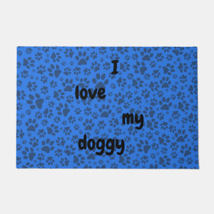 Dog Paws Black & White Polka Dot on tech blue Doormat