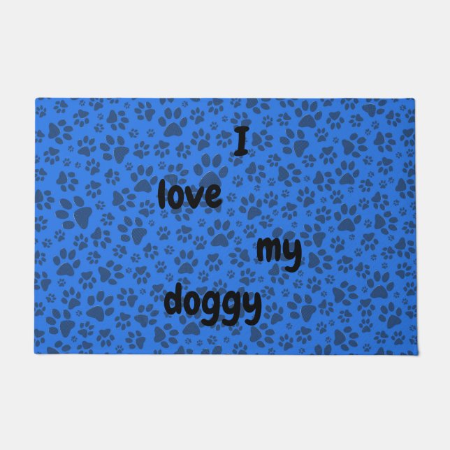 Dog Paws Black & White Polka Dot on tech blue Doormat (Front)