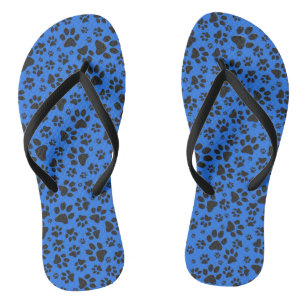 Dog Paws Black & White Polka Dot on tech blue Flip Flops