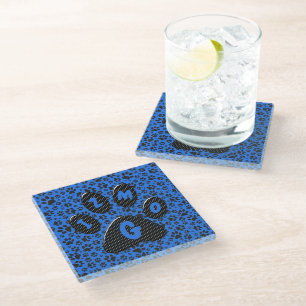Dog Paws Black & White Polka Dot on tech blue Glass Coaster