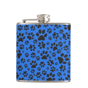 Dog Paws Black & White Polka Dot on tech blue Hip Flask