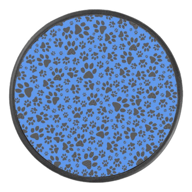 Dog Paws Black & White Polka Dot on tech blue Hockey Puck (Front)