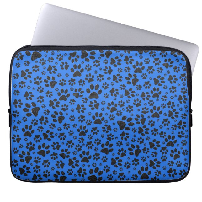 Dog Paws Black & White Polka Dot on tech blue Laptop Sleeve (Front)