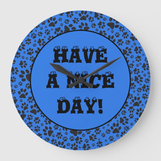 Dog Paws Black & White Polka Dot on tech blue Larg Large Clock (Front)