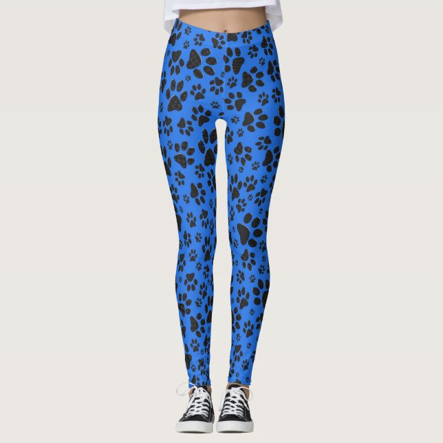 Dog Paws Black & White Polka Dot on tech blue Leggings (Front)