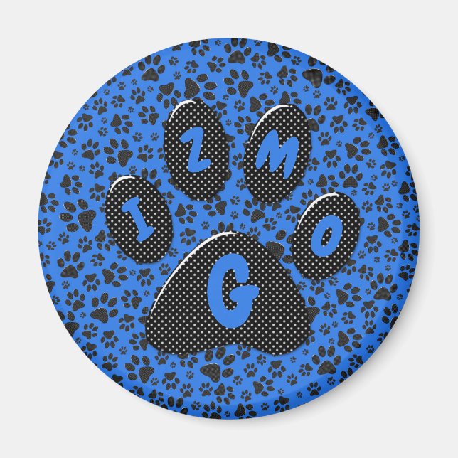 Dog Paws Black & White Polka Dot on tech blue Magn Magnet (Front)