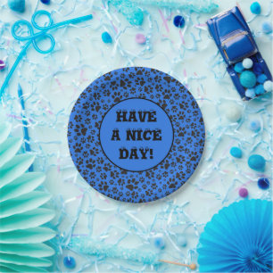 Dog Paws Black & White Polka Dot on tech blue Pape Paper Plate