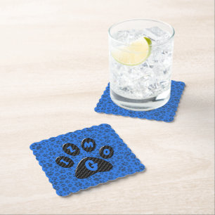 Dog Paws Black & White Polka Dot on tech blue Paper Coaster