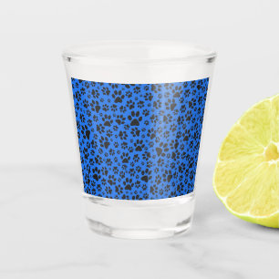 Dog Paws Black & White Polka Dot on tech blue Shot Glass