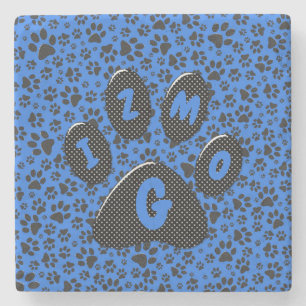 Dog Paws Black & White Polka Dot on tech blue Stone Coaster