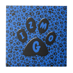 Dog Paws Black & White Polka Dot on tech blue Tile