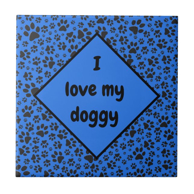 Dog Paws Black & White Polka Dot on tech blue Tile (Front)