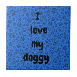 Dog Paws Black & White Polka Dot on tech blue Tile