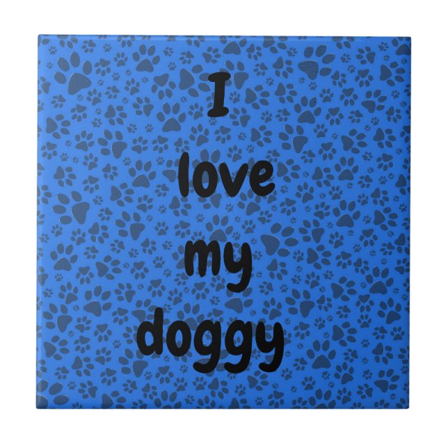 Dog Paws Black & White Polka Dot on tech blue Tile (Front)