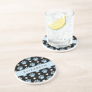 Dog Paws, Blue Paws, White Hearts, Your Name Coaster