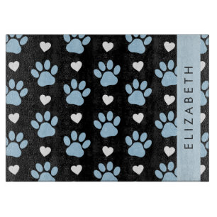 Dog Paws, Blue Paws, White Hearts, Your Name Cutting Board
