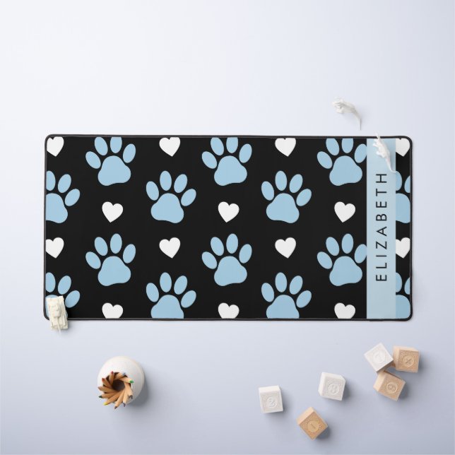 Dog Paws, Blue Paws, White Hearts, Your Name Desk Mat (Kids Table)