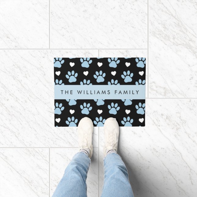 Dog Paws, Blue Paws, White Hearts, Your Name Doormat (Indoor)