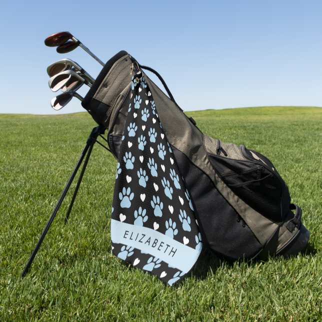 Dog Paws, Blue Paws, White Hearts, Your Name Golf Towel (Green)