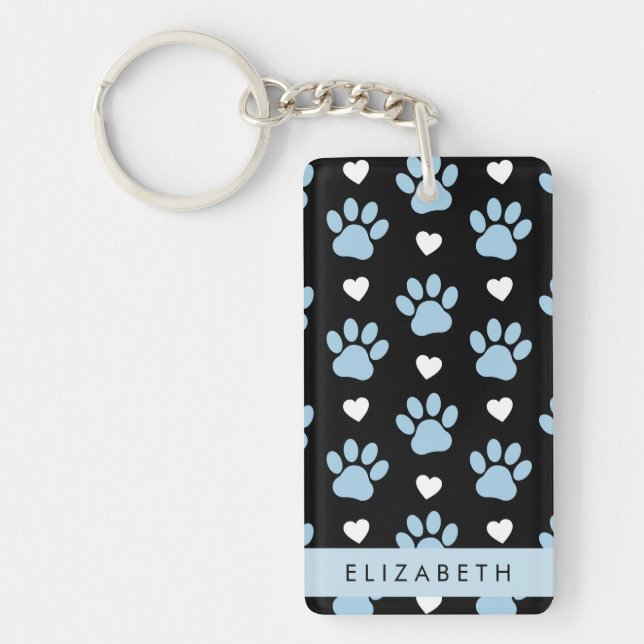 Dog Paws, Blue Paws, White Hearts, Your Name Key Ring (Front)