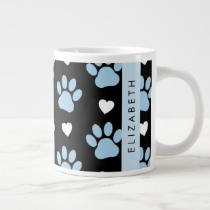 Dog Paws, Blue Paws, White Hearts, Your Name Large Coffee Mug