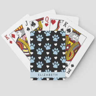 Dog Paws, Blue Paws, White Hearts, Your Name Playing Cards