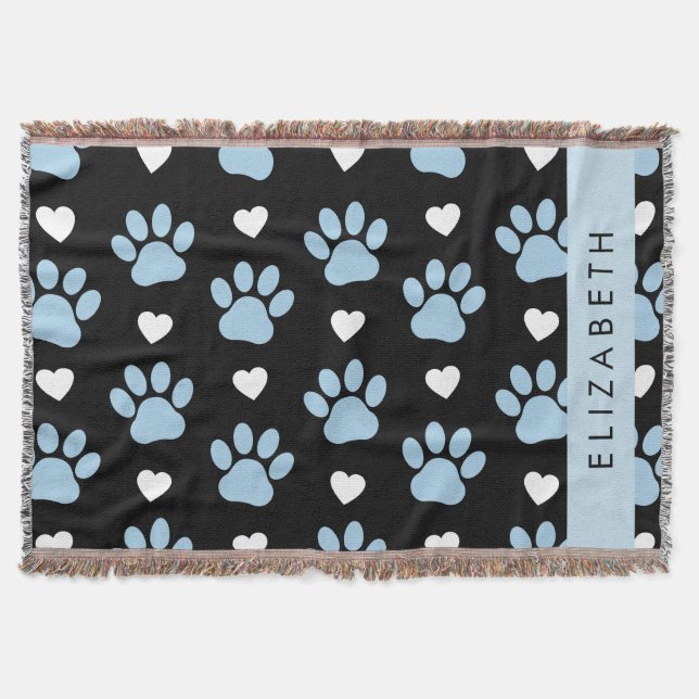 Dog Paws, Blue Paws, White Hearts, Your Name Throw Blanket (Front)