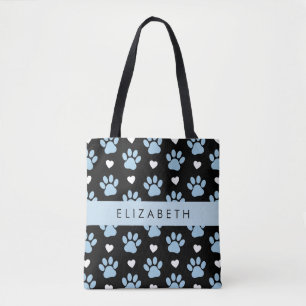 Dog Paws, Blue Paws, White Hearts, Your Name Tote Bag