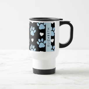 Dog Paws, Blue Paws, White Hearts, Your Name Travel Mug